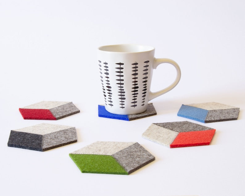Sous-bocks hexagonaux en feutre de laine – Jeu de 6 sous-verres géométriques colorés