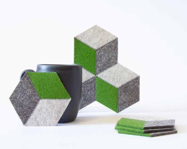 Sous-bocks hexagonaux en feutre de laine – Jeu de 6 sous-verres géométriques colorés