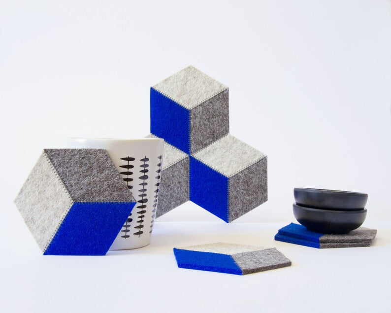 Sous-bocks hexagonaux en feutre de laine – Jeu de 6 sous-verres géométriques colorés