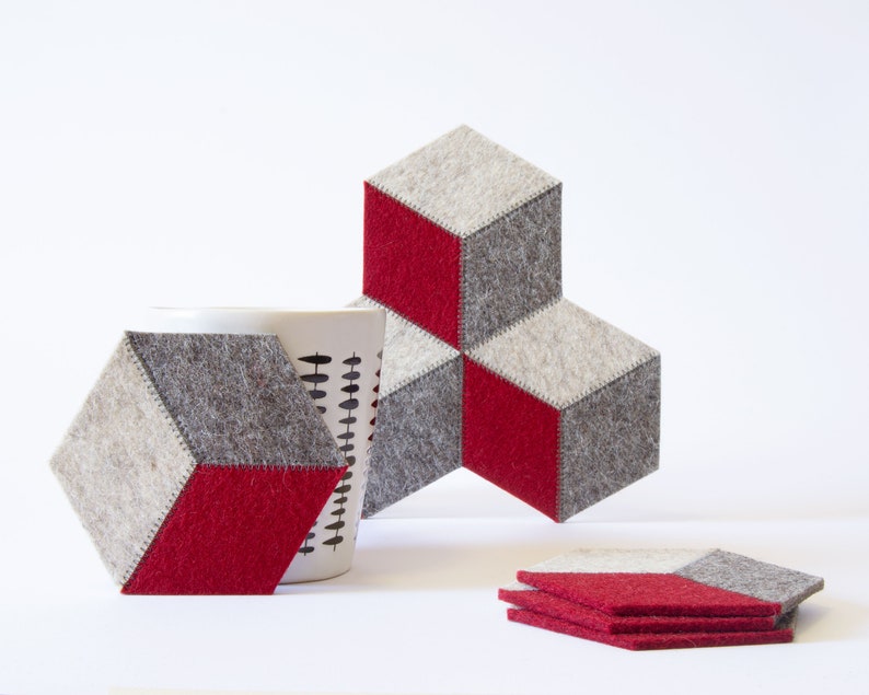 Sous-bocks hexagonaux en feutre de laine – Jeu de 6 sous-verres géométriques colorés