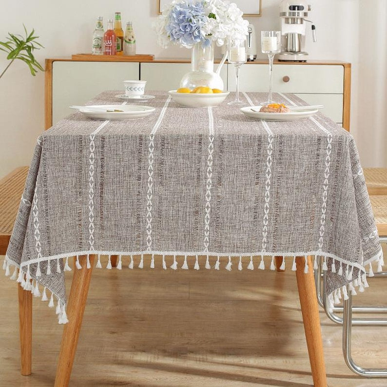 Nappe en coton et lin avec pompons, style bohème campagnard, lavable en machine