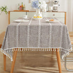 Nappe en coton et lin avec pompons, style bohème campagnard, lavable en machine