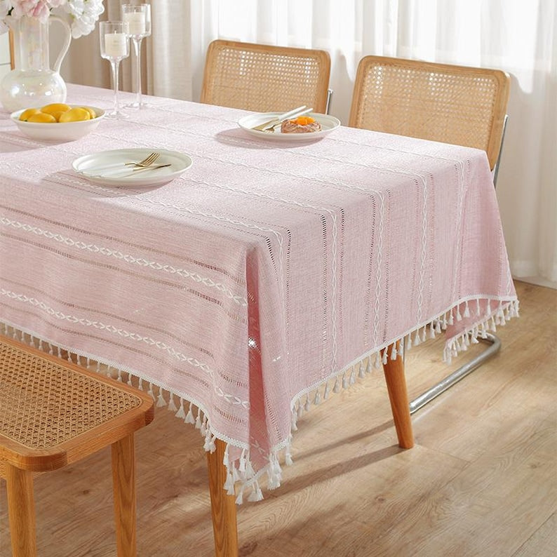 Nappe en coton et lin avec pompons, style bohème campagnard, lavable en machine