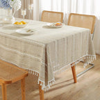 Nappe en coton et lin avec pompons, style bohème campagnard, lavable en machine