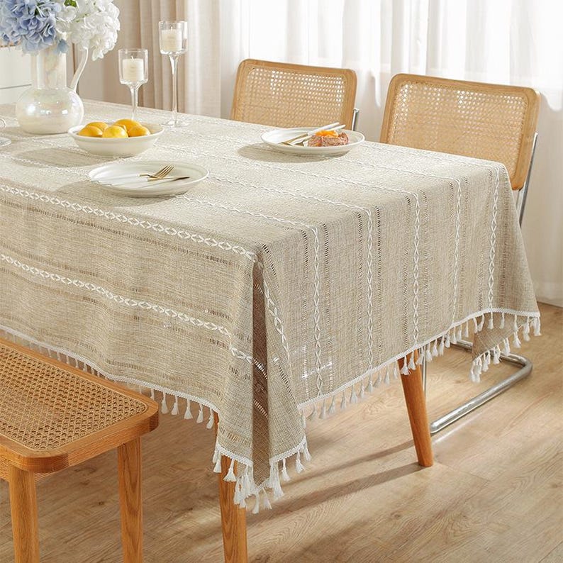 Nappe en coton et lin avec pompons, style bohème campagnard, lavable en machine