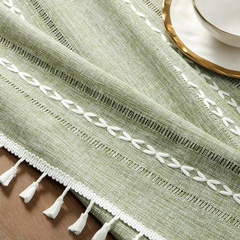 Nappe en coton et lin avec pompons, style bohème campagnard, lavable en machine