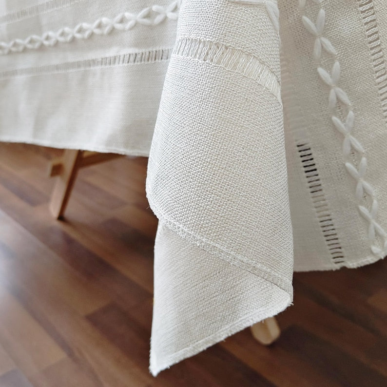 Nappe en coton et lin avec pompons, style bohème campagnard, lavable en machine