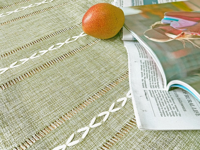 Nappe en coton et lin avec pompons, style bohème campagnard, lavable en machine