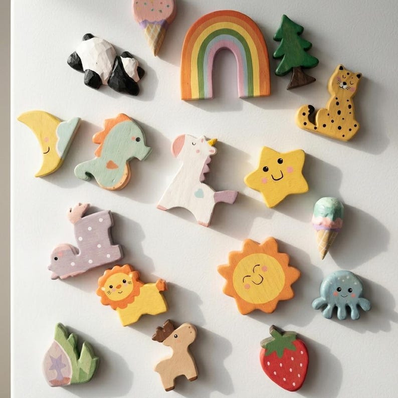 Aimants pour réfrigérateur en bois peints à la main, décoration animal dessin animé mignon, aimant cuisine