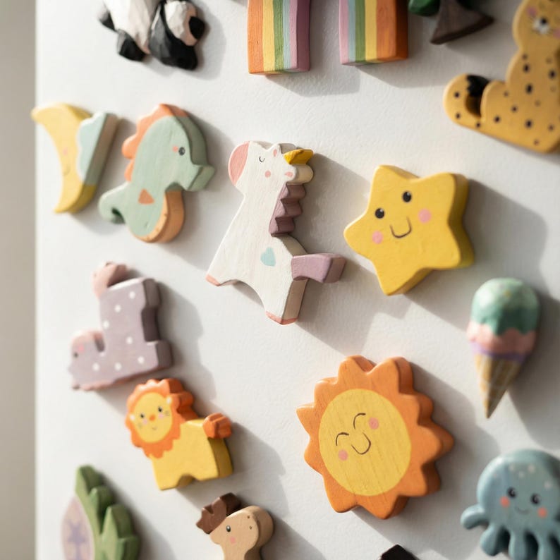 Aimants pour réfrigérateur en bois peints à la main, décoration animal dessin animé mignon, aimant cuisine