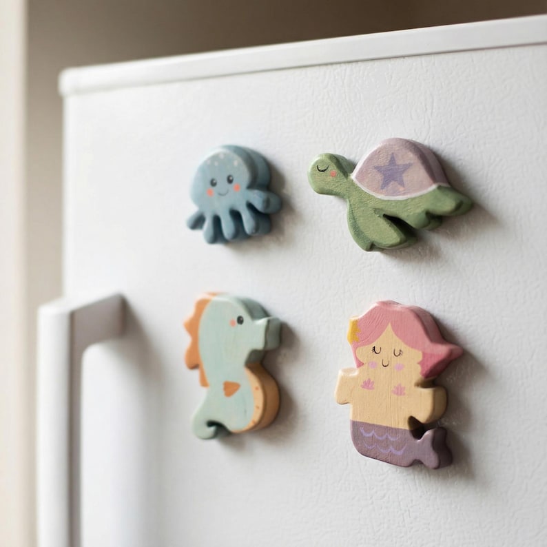 Aimants pour réfrigérateur en bois peints à la main, décoration animal dessin animé mignon, aimant cuisine