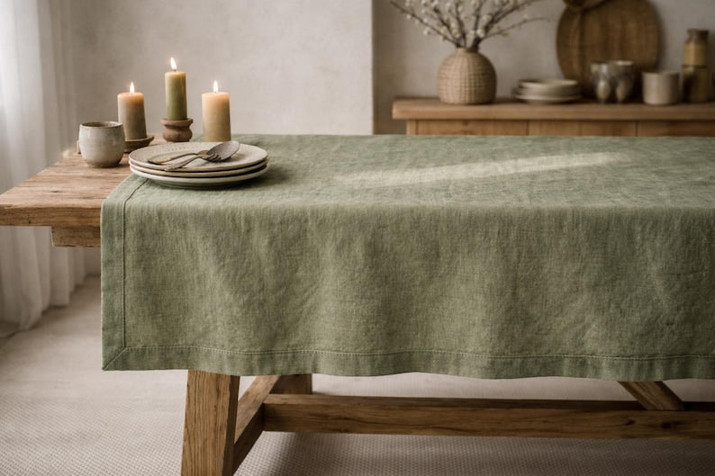 Nappe en lin lavé 200 g/m², ourlet large 3 cm, coins à onglet, 70 couleurs, tailles multiples