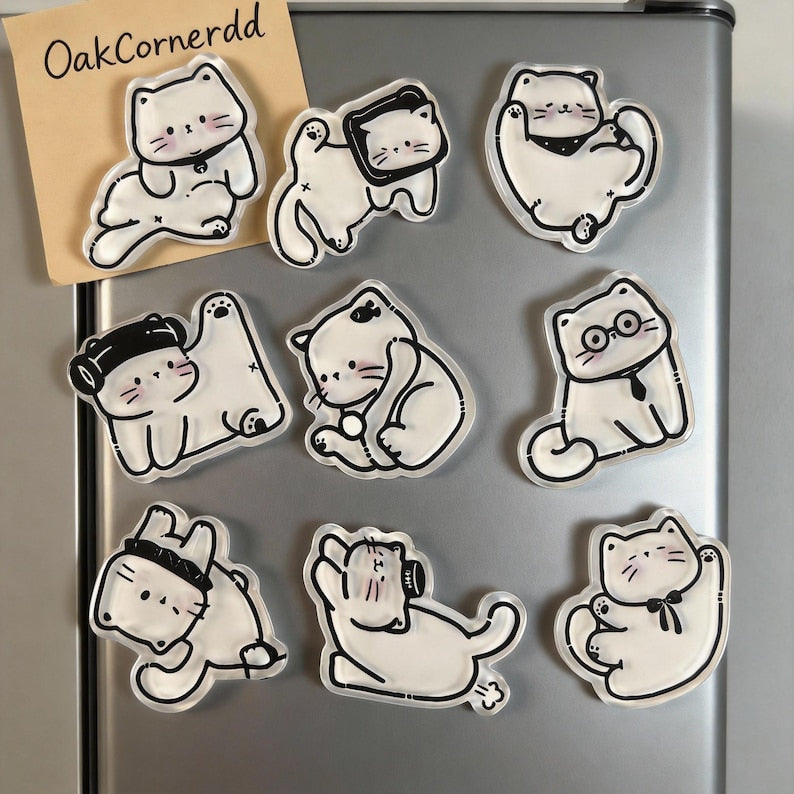 Aimant de réfrigérateur chat blanc kawaii en acrylique transparent, décoration pour réfrigérateur et casier