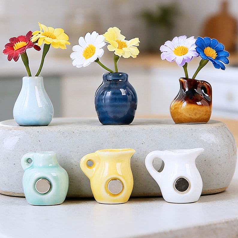 Mini vase aimanté en céramique pour réfrigérateur, décoration de cuisine colorée, petit porte-fleurs magnétique