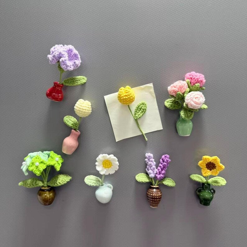 Aimants pour réfrigérateur fleurs au crochet avec vase en céramique, fleurs amovibles, décoration de cuisine