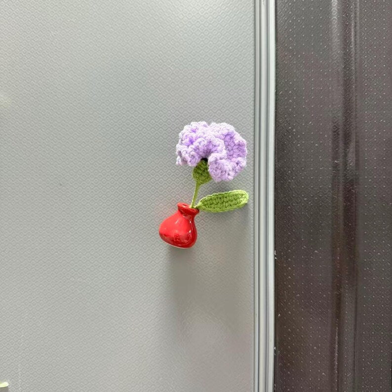 Aimants pour réfrigérateur fleurs au crochet avec vase en céramique, fleurs amovibles, décoration de cuisine