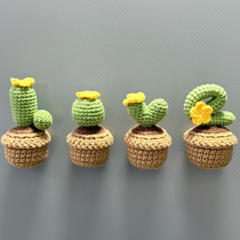 Crochet Cactus Fridge Magnet Set - Letter-Shaped Plant Magnet, Boho Kitchen Decor, 4 Designs, 8.5x4.5cm