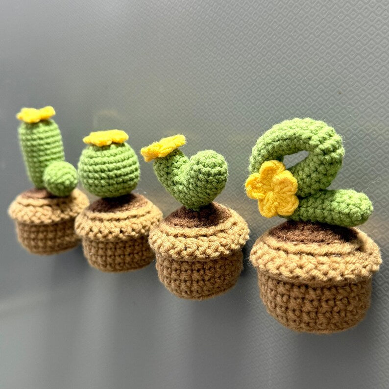 Crochet Cactus Fridge Magnet Set - Letter-Shaped Plant Magnet, Boho Kitchen Decor, 4 Designs, 8.5x4.5cm