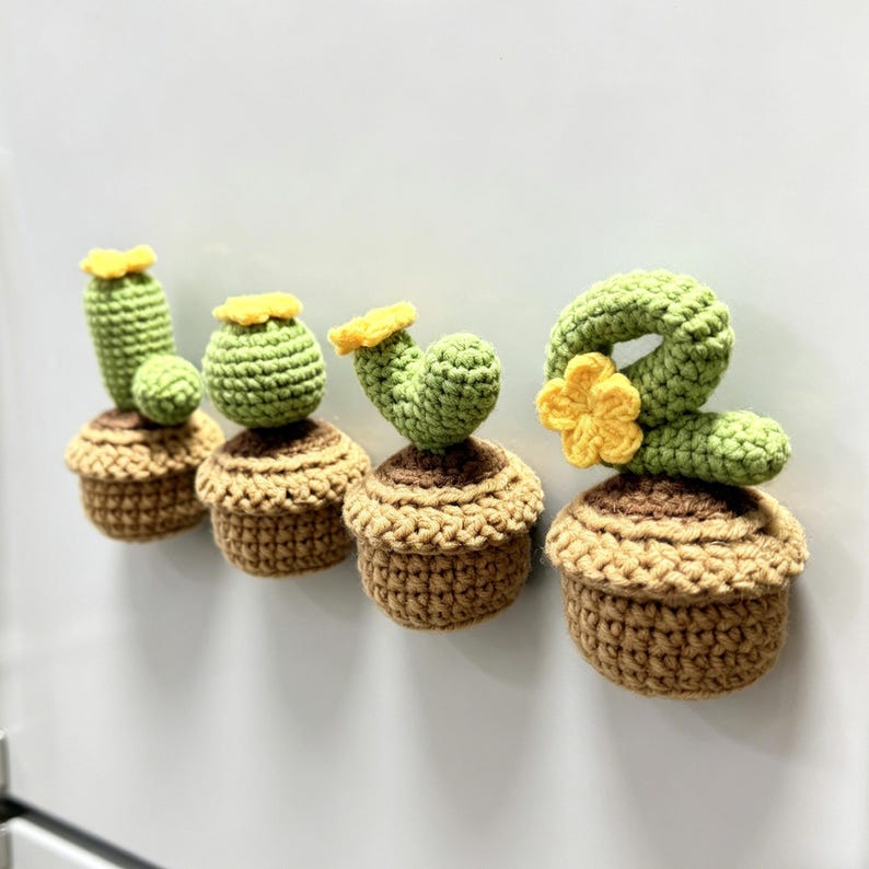 Crochet Cactus Fridge Magnet Set - Letter-Shaped Plant Magnet, Boho Kitchen Decor, 4 Designs, 8.5x4.5cm