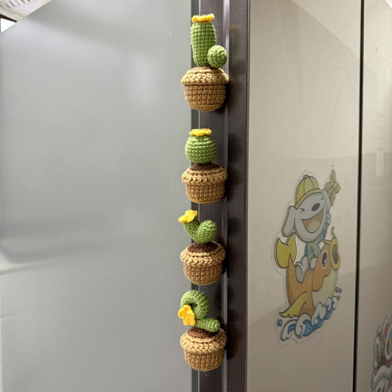 Crochet Cactus Fridge Magnet Set - Letter-Shaped Plant Magnet, Boho Kitchen Decor, 4 Designs, 8.5x4.5cm