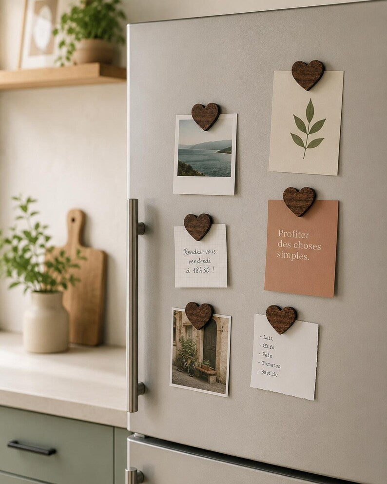 Aimants en Bois pour Frigidaire en Forme de Coeur - Décoration Cuisine, Accessoires Aimantés pour Photos - 2 1/4 x 2 pouces