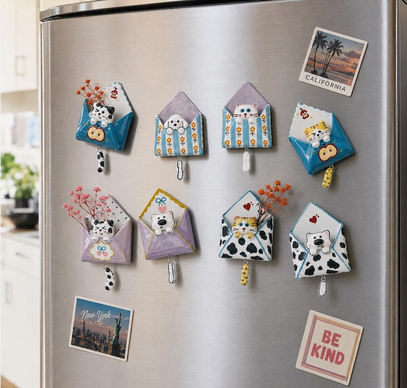 Aimant Réfrigérateur Céramique Fait Main – Enveloppe Kawaii Animal – Décoration Cuisine