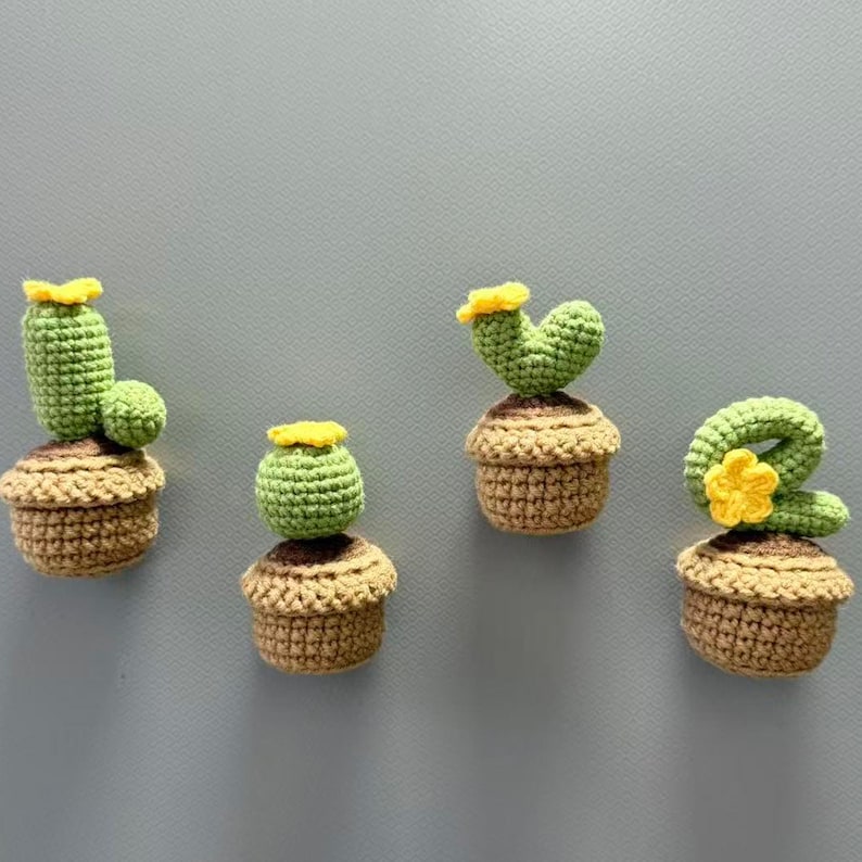 Crochet Cactus Fridge Magnet Set - Letter-Shaped Plant Magnet, Boho Kitchen Decor, 4 Designs, 8.5x4.5cm