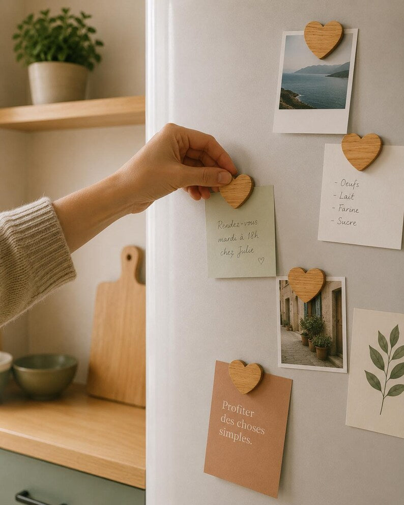 Aimants en Bois pour Frigidaire en Forme de Coeur - Décoration Cuisine, Accessoires Aimantés pour Photos - 2 1/4 x 2 pouces