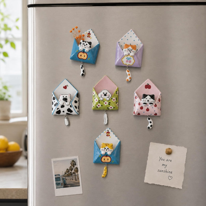 Aimant Réfrigérateur Céramique Fait Main – Enveloppe Kawaii Animal – Décoration Cuisine