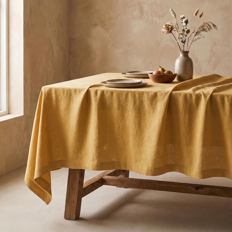 Nappe en lin ocre jaune avec ourlets profonds 4 cm et coins à onglet, 100% lin, lavable en machine