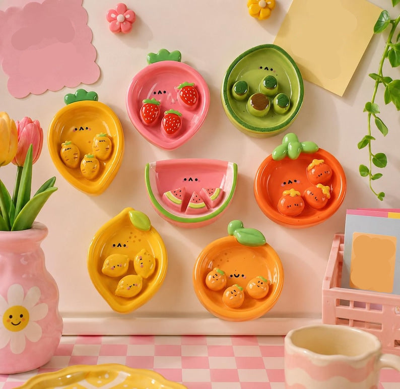Lot de 7 aimants pour réfrigérateur fruits kawaii en céramique - Décoration pastel