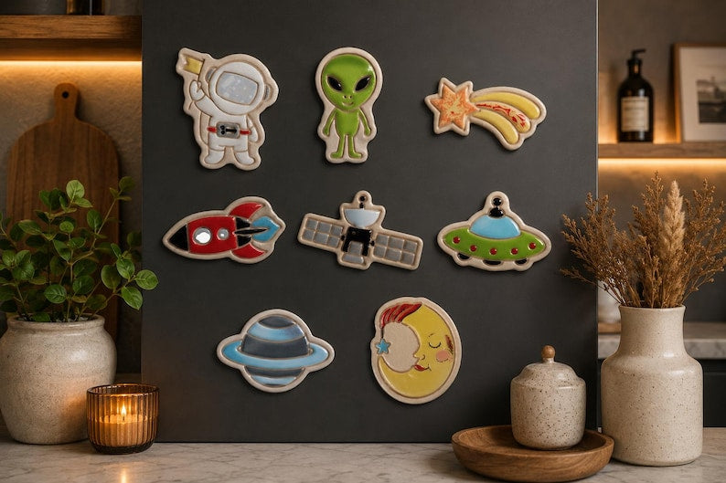 Magnets Espace en céramique artisanale – Astronaute, Fusée, OVNI, Planète, Lune, Satellite