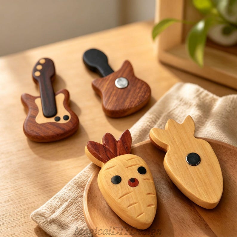 Aimant de réfrigérateur magnétique en bois carotte et guitare, décoration de cuisine