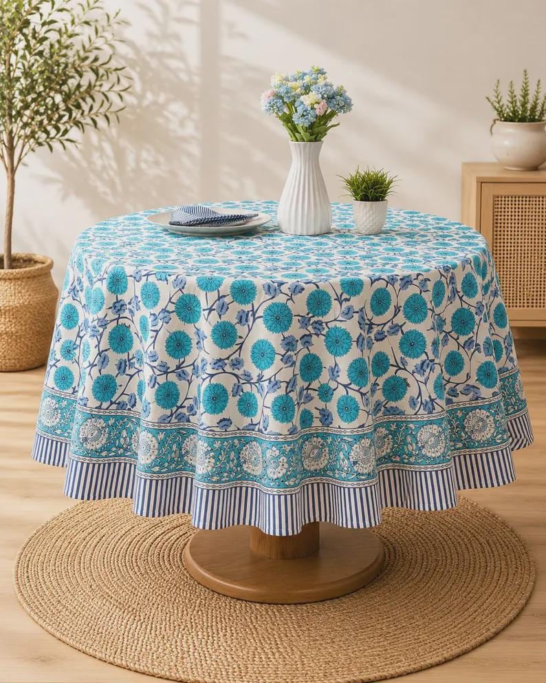 Nappe ronde en coton imprimé orange brûlé - motif floral