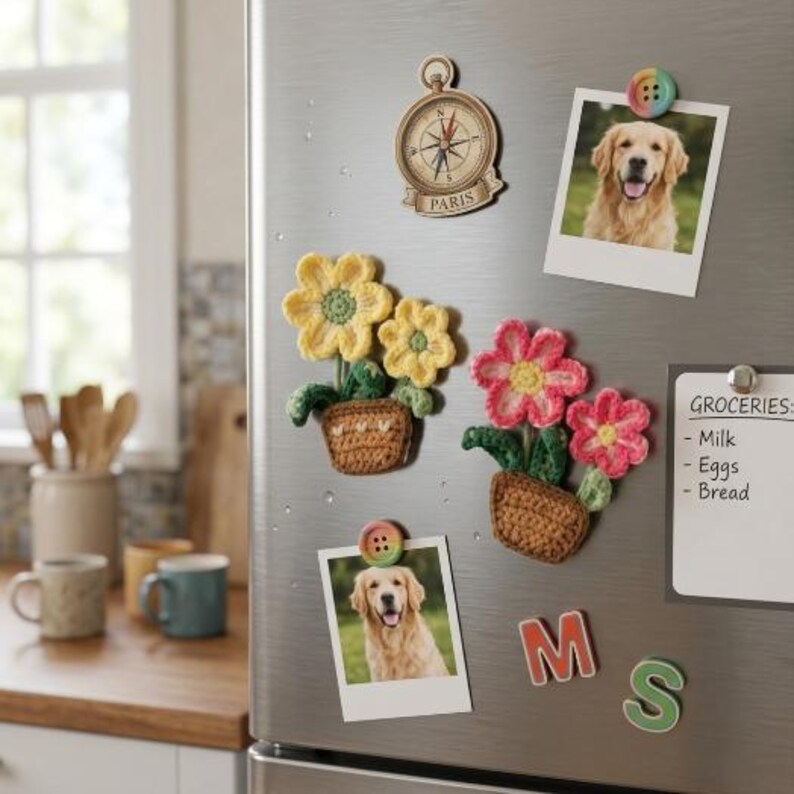 Fleurs en pot au crochet - Aimants de réfrigérateur décoratifs faits main, décoration de cuisine