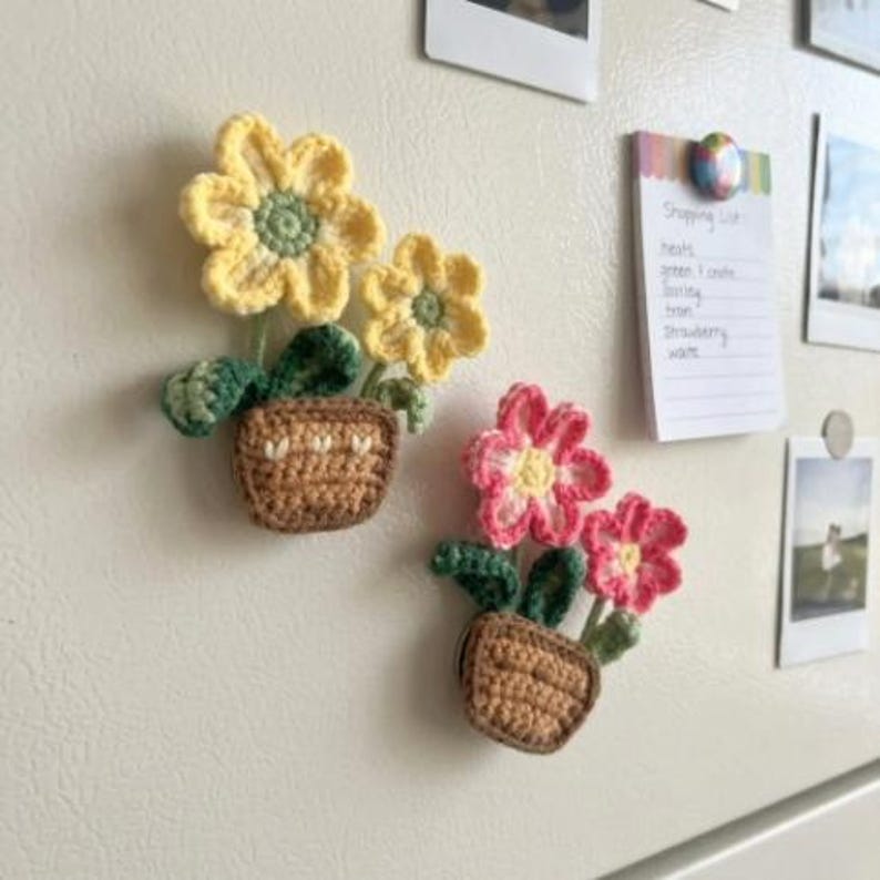 Fleurs en pot au crochet - Aimants de réfrigérateur décoratifs faits main, décoration de cuisine
