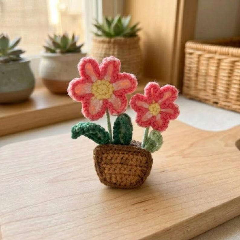 Fleurs en pot au crochet - Aimants de réfrigérateur décoratifs faits main, décoration de cuisine