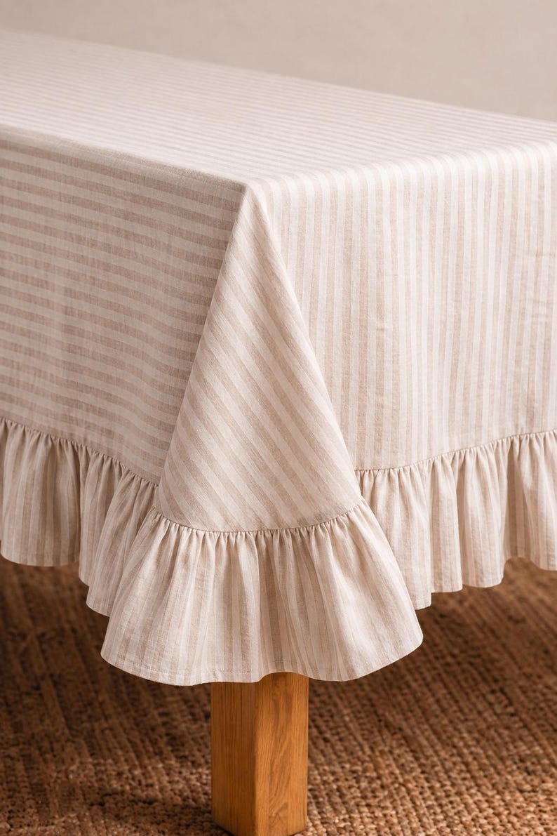 Nappe rayée à volants beige crème, décoration de table rectangulaire