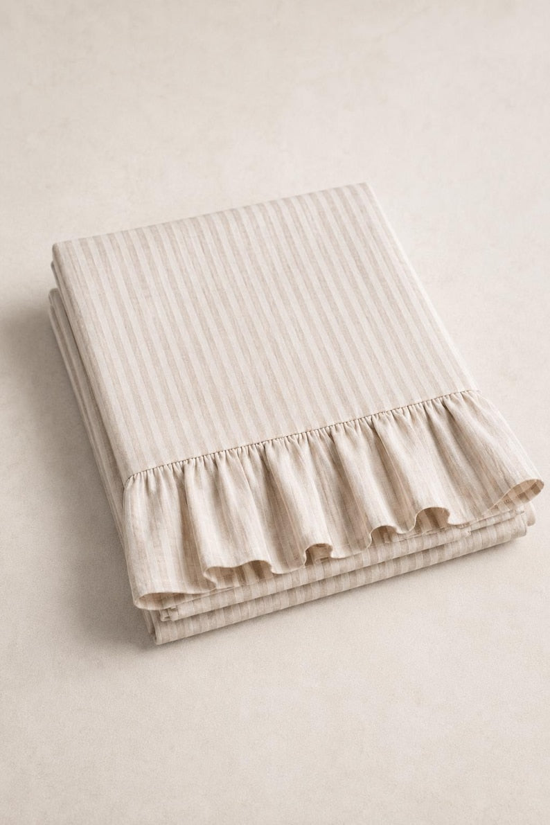 Nappe rayée à volants beige crème, décoration de table rectangulaire