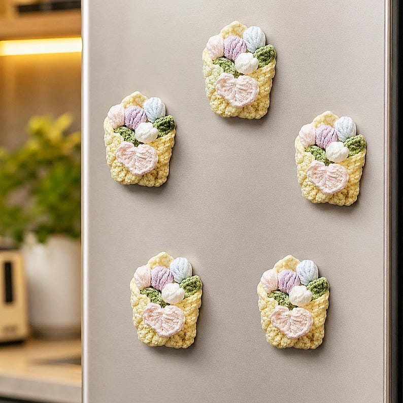 Aimant pour réfrigérateur bouquet au crochet fait main, fleur en coton crème neutre, accessoire de cuisine