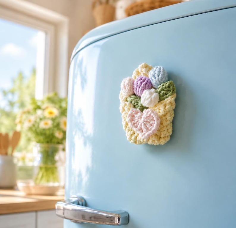 Aimant pour réfrigérateur bouquet au crochet fait main, fleur en coton crème neutre, accessoire de cuisine