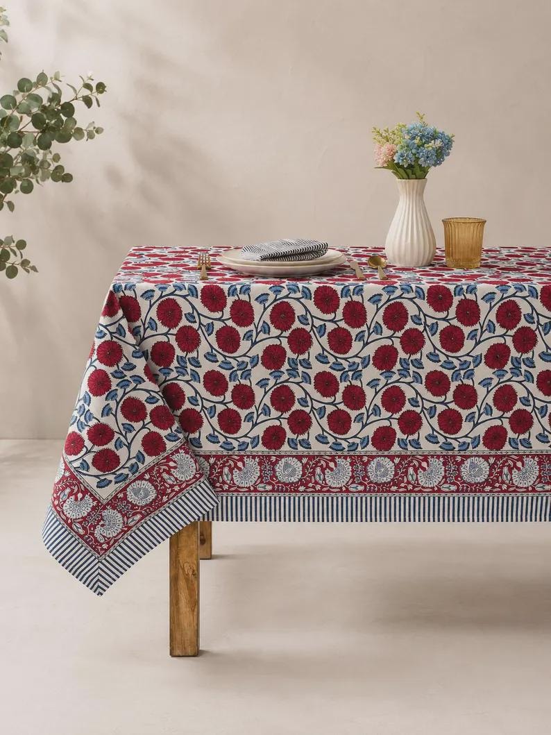 Nappe ronde en coton imprimé orange brûlé - motif floral