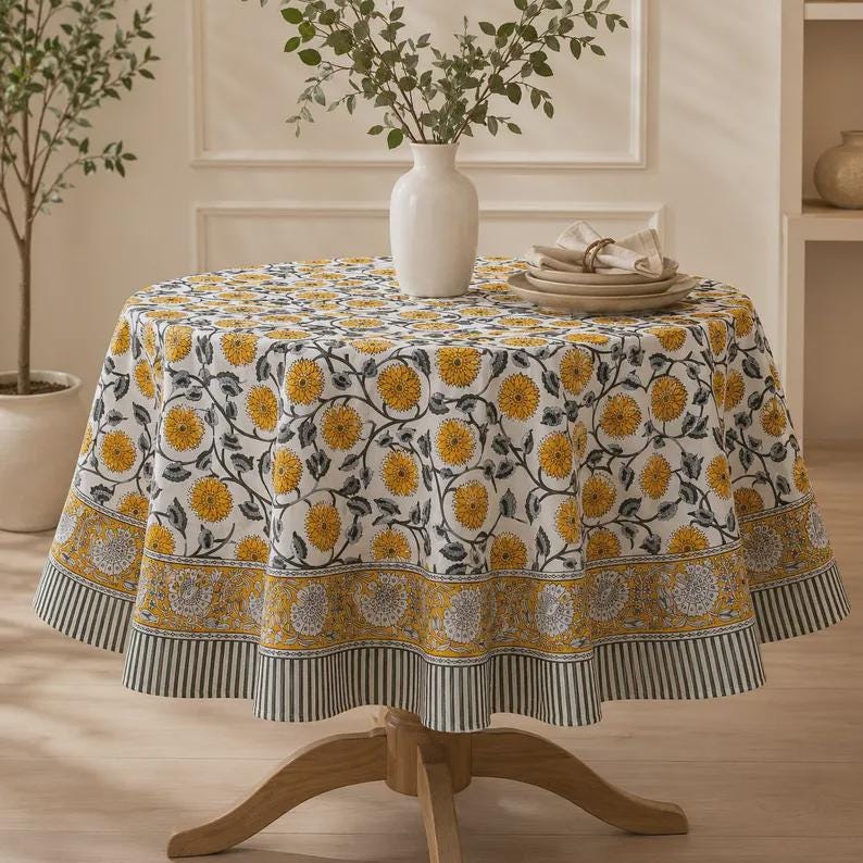 Nappe ronde en coton imprimé orange brûlé - motif floral