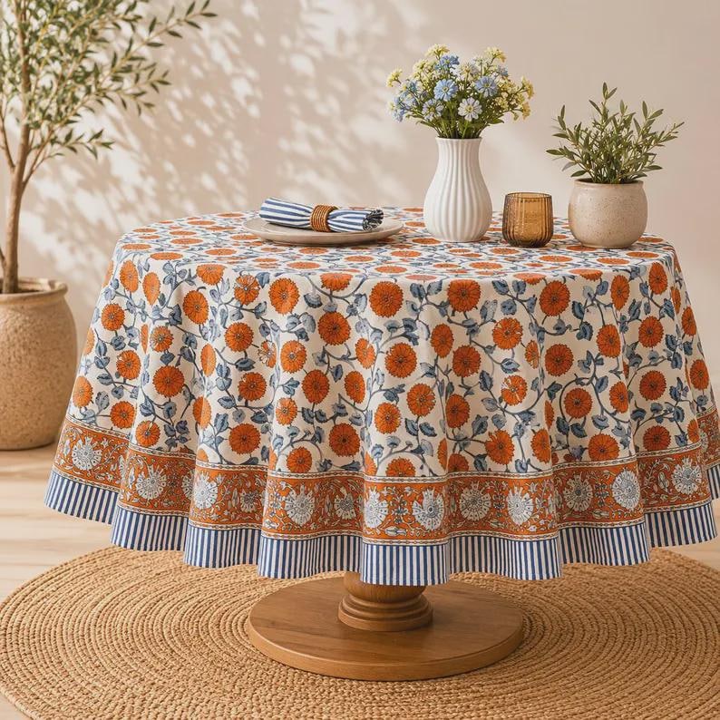 Nappe ronde en coton imprimé orange brûlé - motif floral