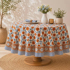Nappe ronde en coton imprimé orange brûlé - motif floral