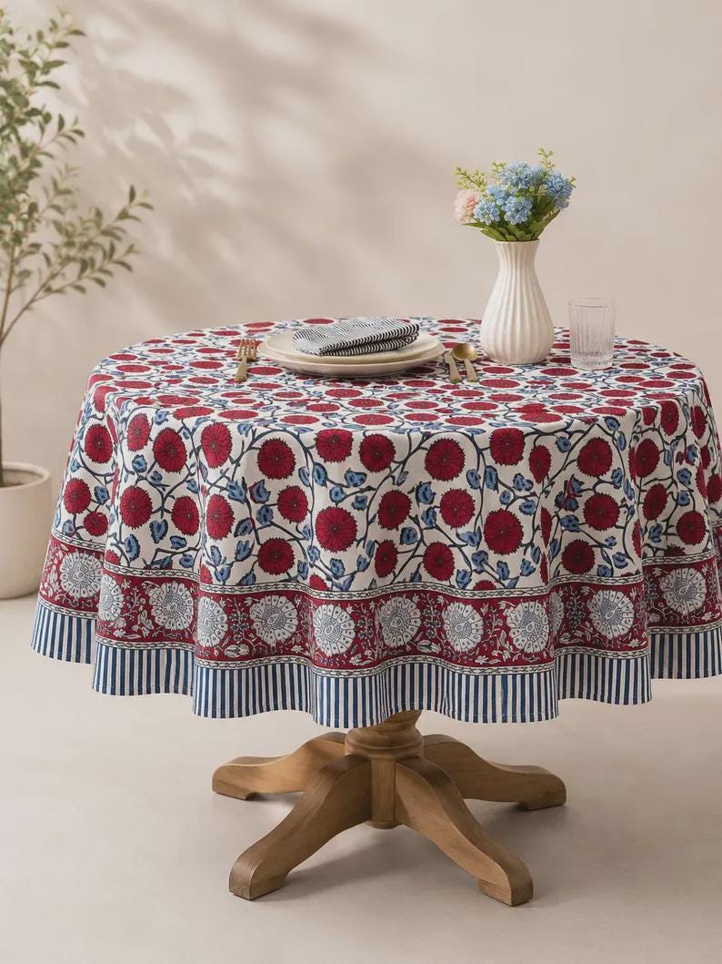 Nappe ronde en coton imprimé orange brûlé - motif floral