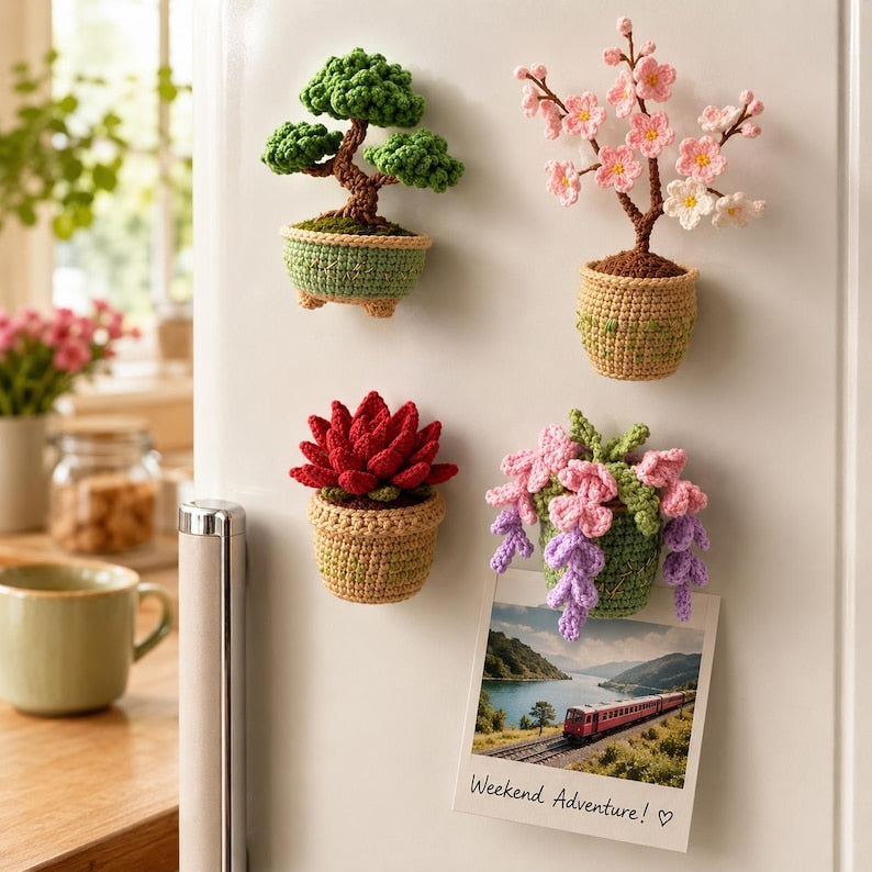Crochet Plant Fridge Magnet, Handmade Flower Pot Magnet, Boho Kitchen Decor
