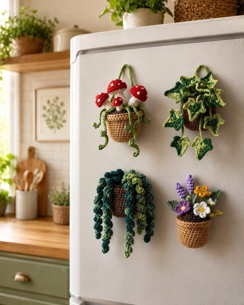 Aimant pour réfrigérateur plante au crochet, décoration de cuisine fleur de lierre champignon