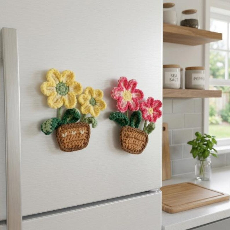 Fleurs en pot au crochet - Aimants de réfrigérateur décoratifs faits main, décoration de cuisine