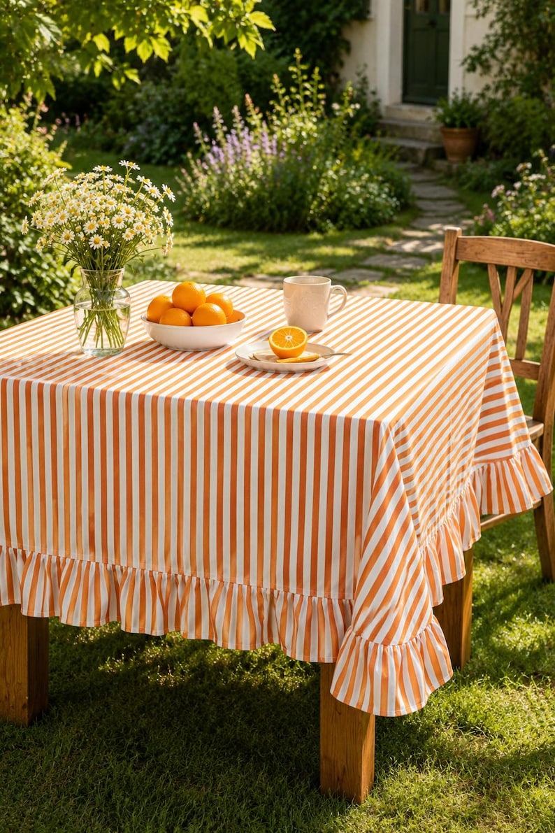 Nappe rayée à volants beige crème, décoration de table rectangulaire